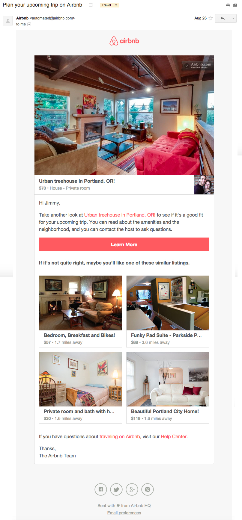 Airbnb email example