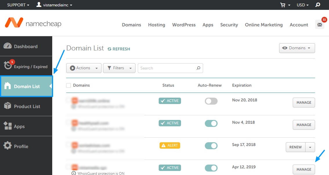 domain list in namecheap dashboard