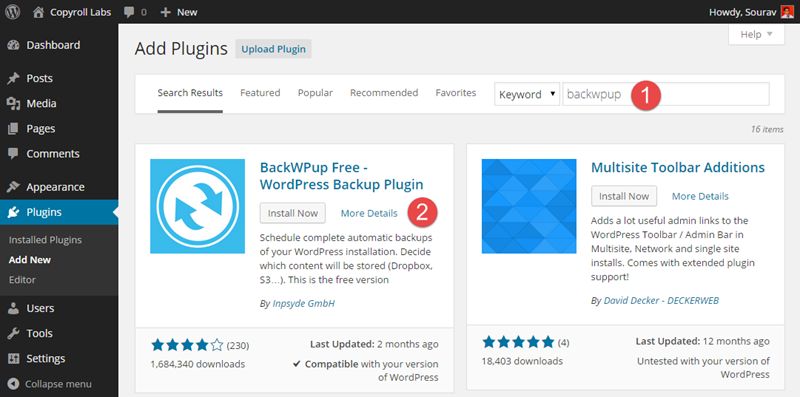 install the backwpup plugin in wordpress