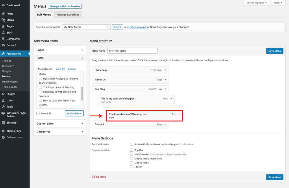 Add WordPress Menu Dropdowns - Dashboard