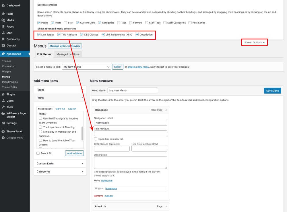 WordPress Menus Advanced Menu Properties - Dashboard