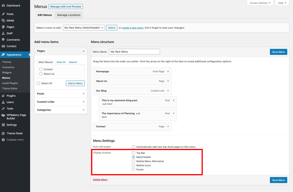 WordPress Menu Location - Dashboard