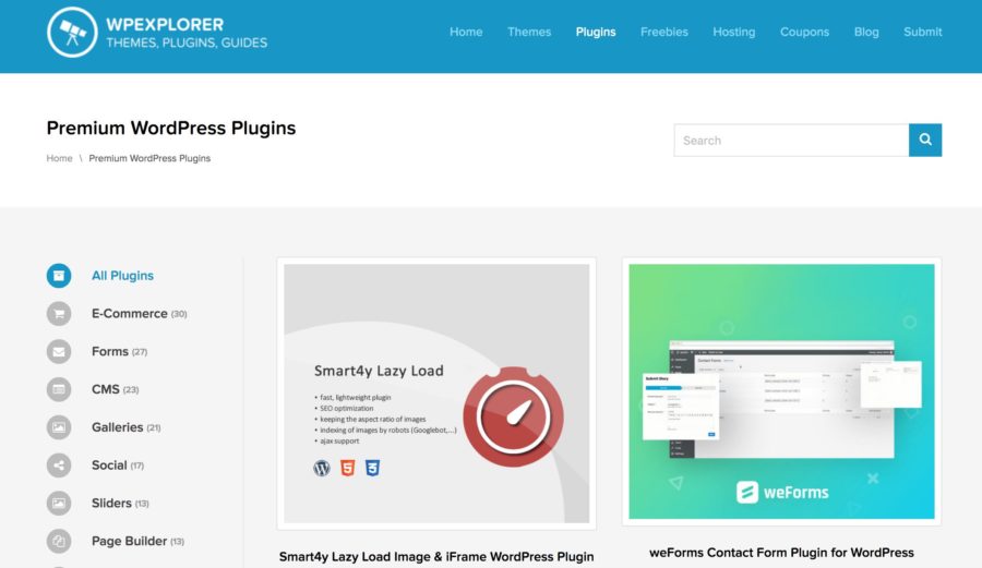 The WPExplorer plugin directory homepage.