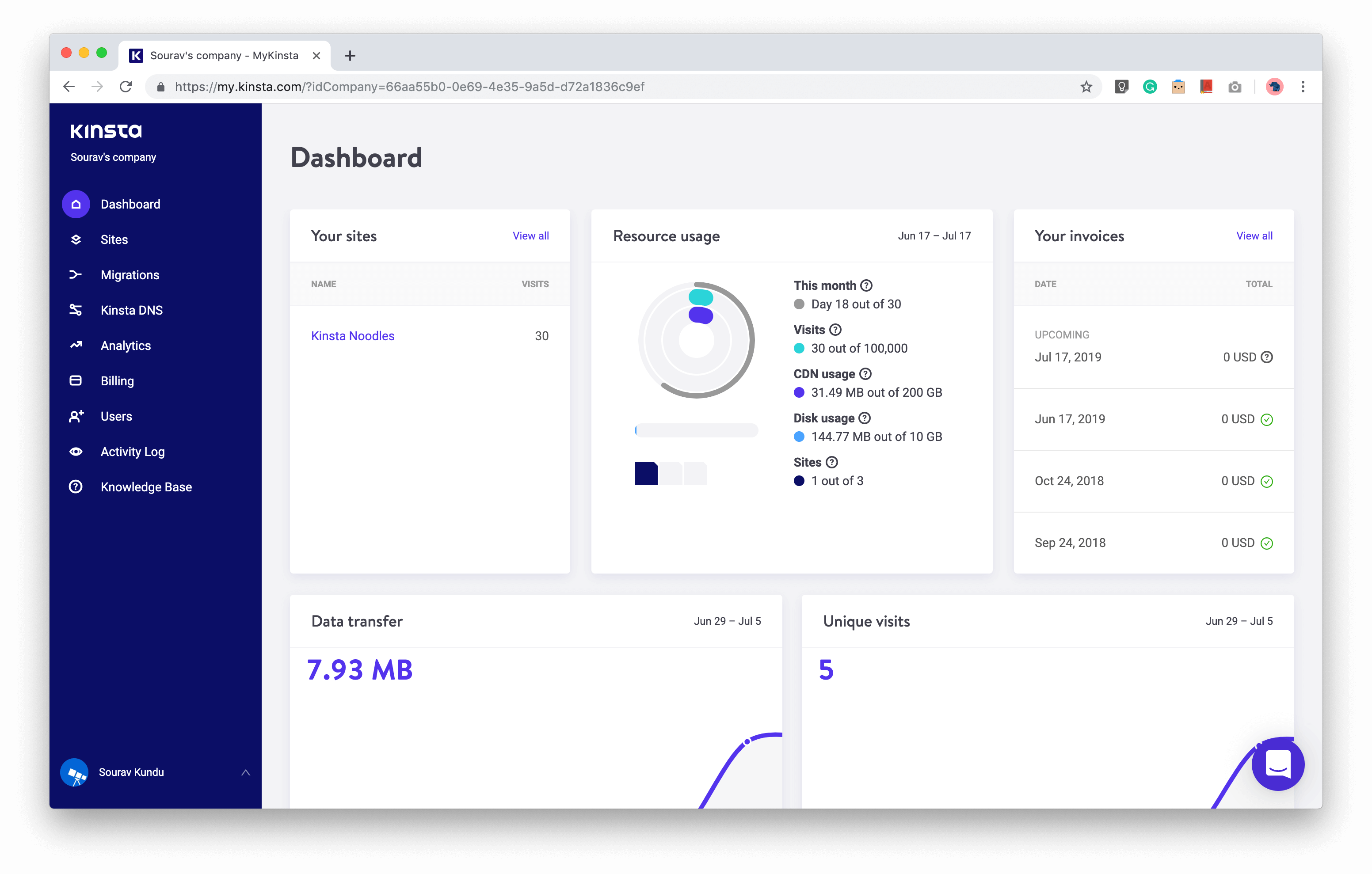 screenshot of MyKinsta Dashboard