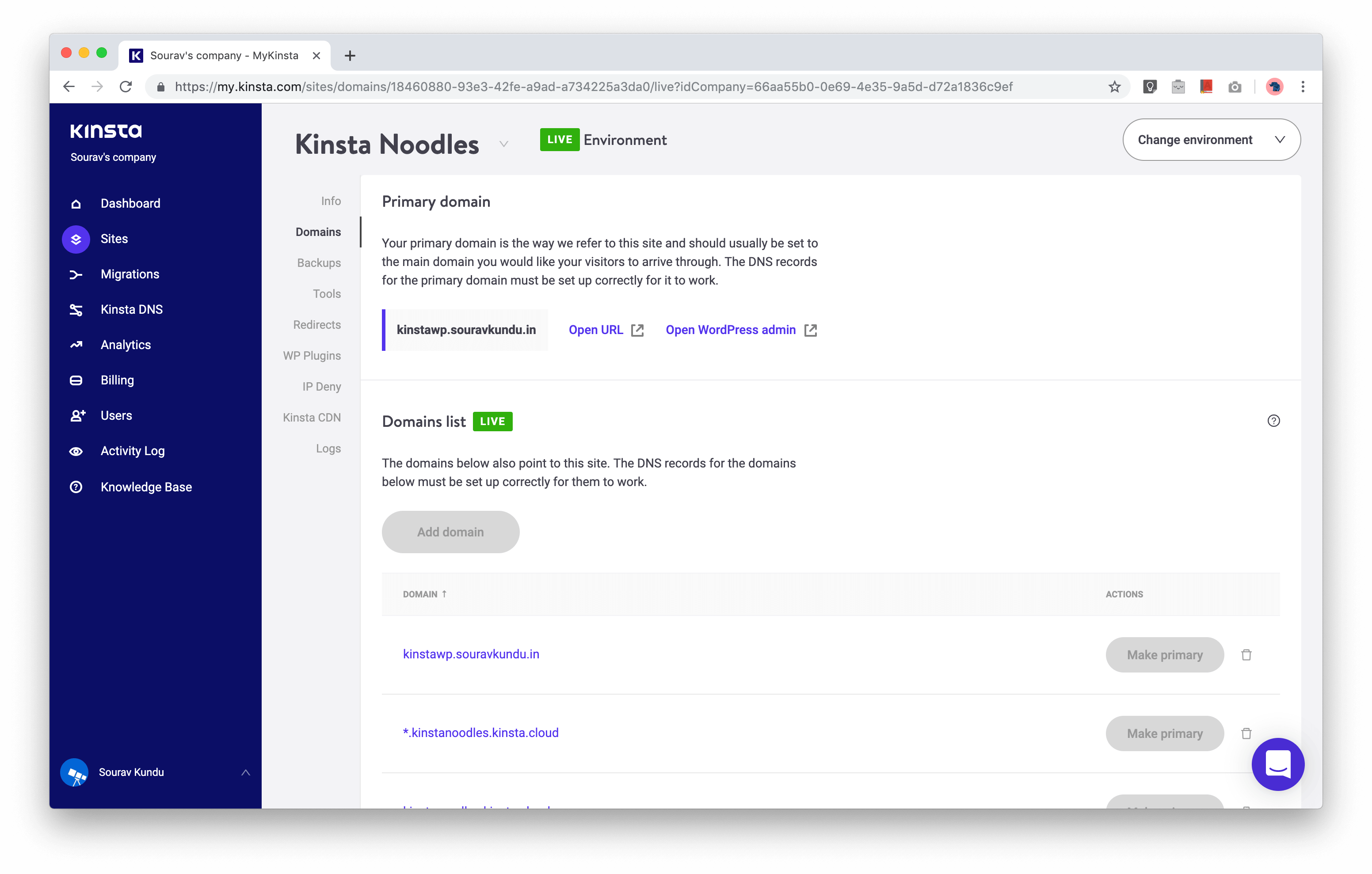 screenshot of domain management dashboard in kinsta