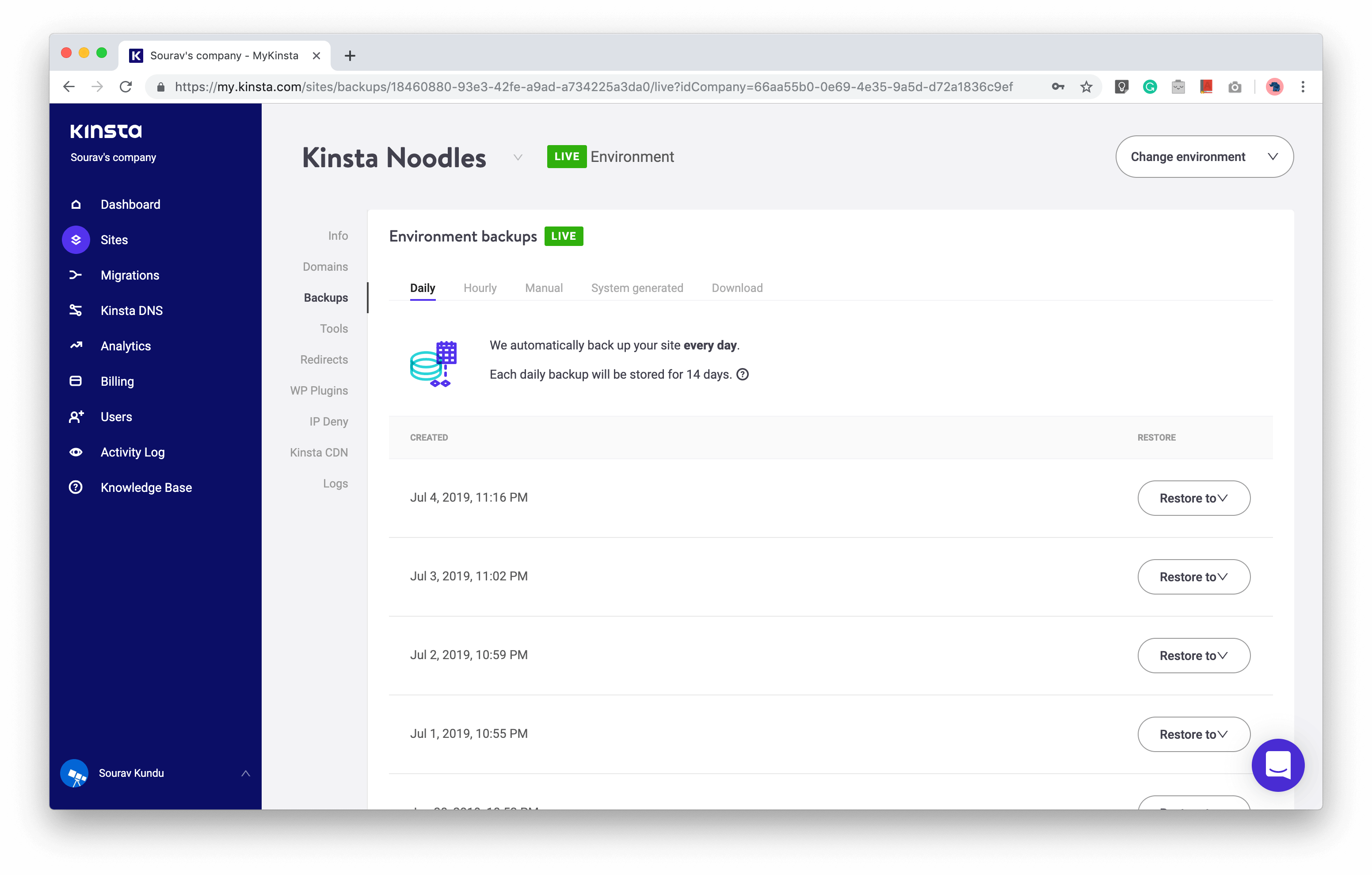 screenshot of WordPress backup management in Kinsta