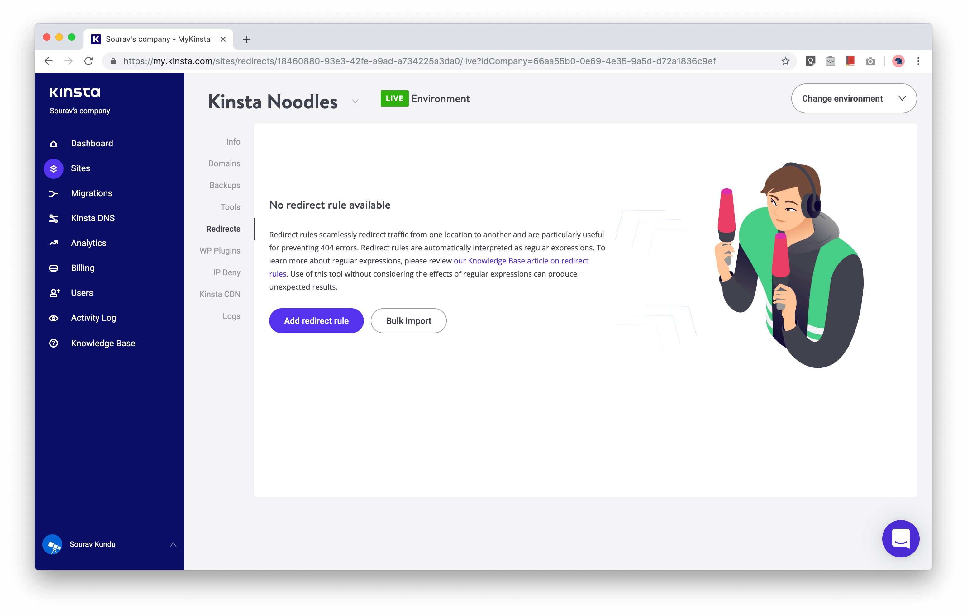 screenshot of Kinsta URL redirection management dashboard