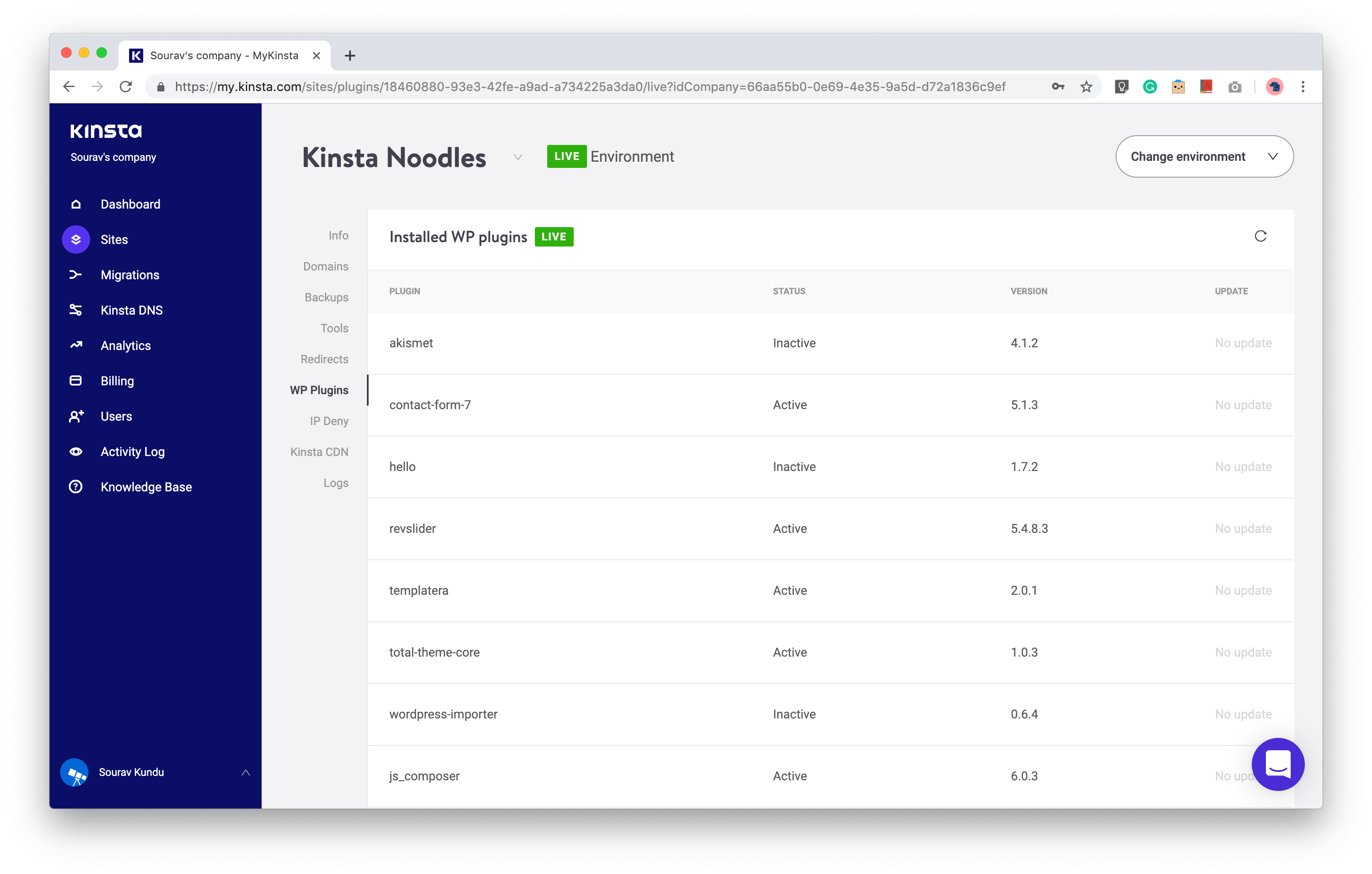 screenshot of Monitoring WordPress plugin status in MyKinsta