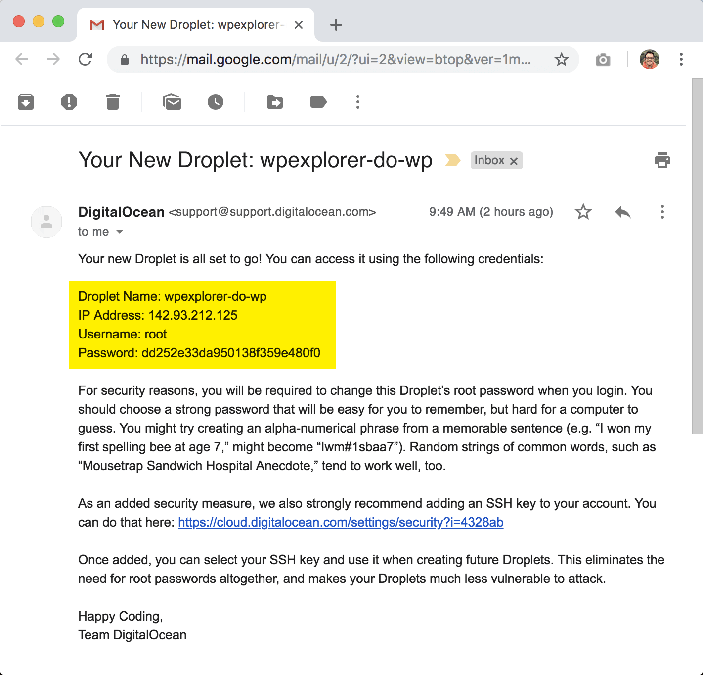 digitalocean droplet email