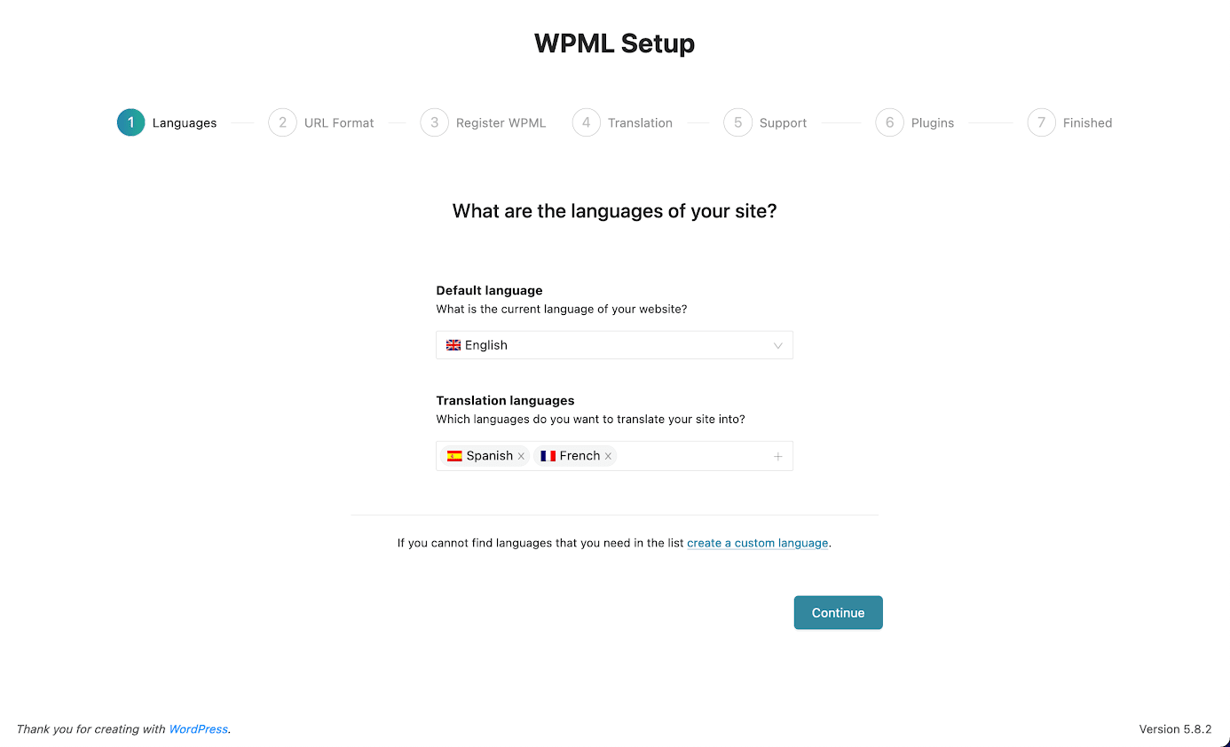 WPML Setup Screen Languages Tab