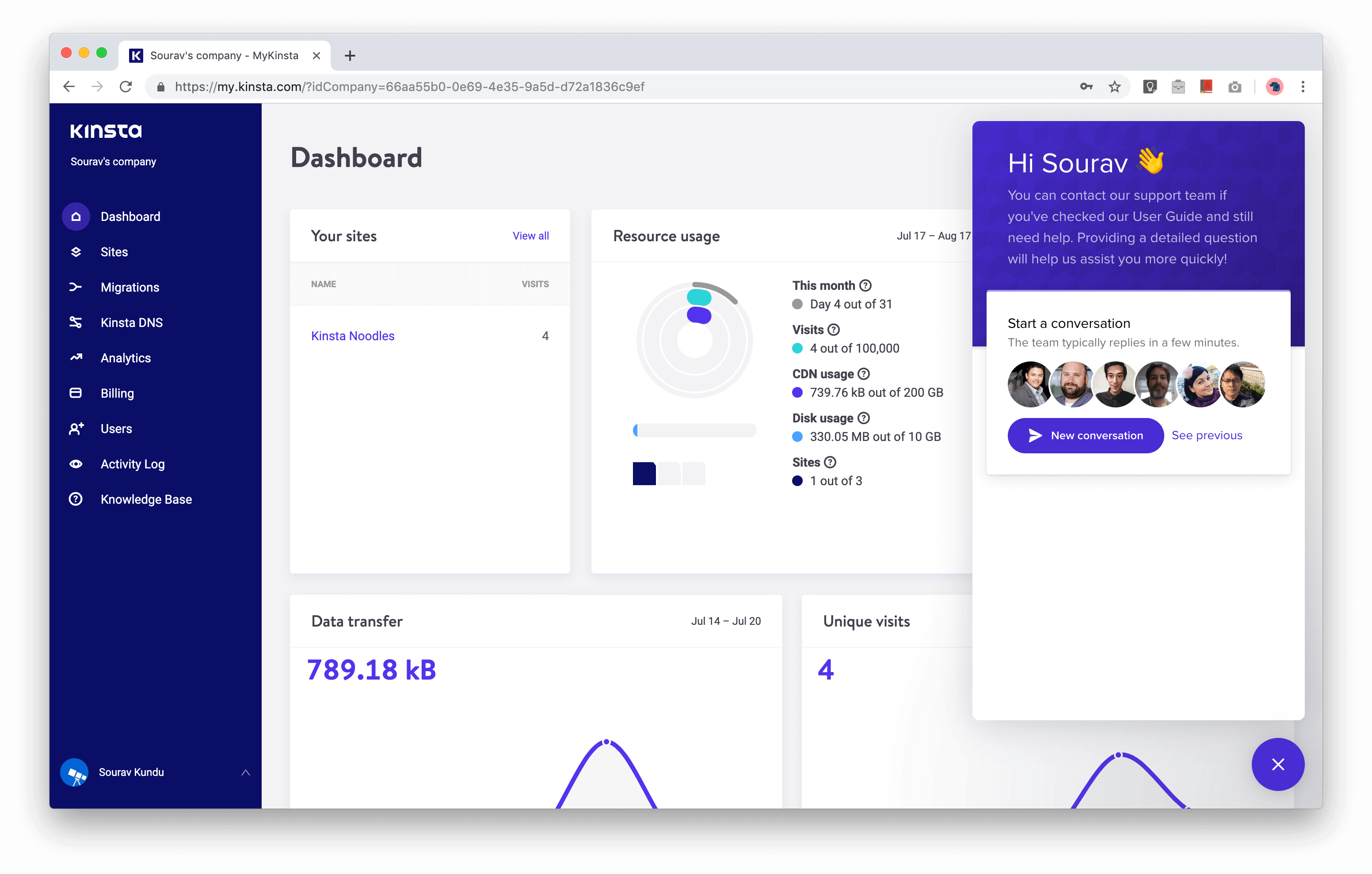 screenshot of kinsta support running on intercom