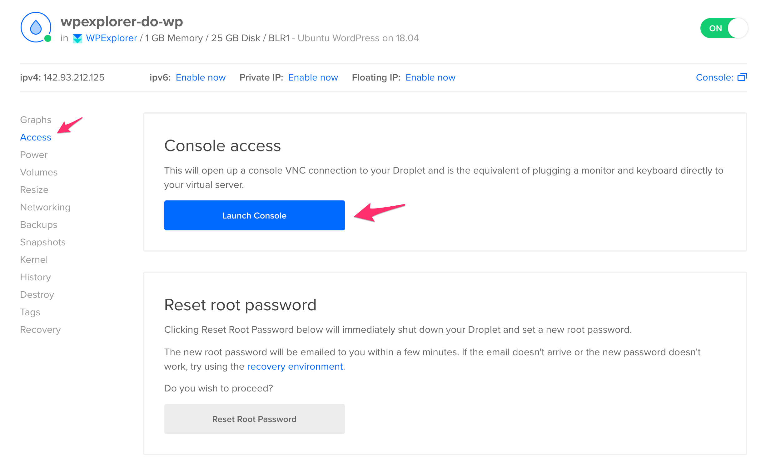 ssh access droplet via console