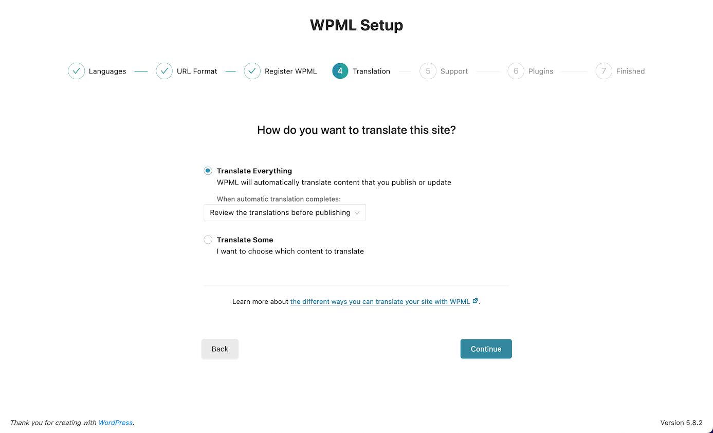 WPML Setup Screen Translation Tab