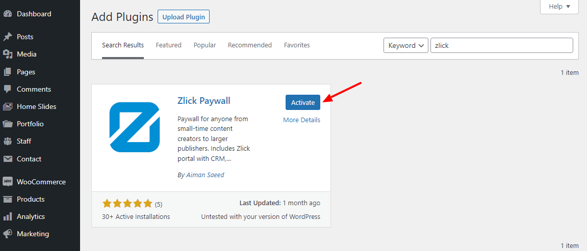 activate zlick paywall wordpress plugin