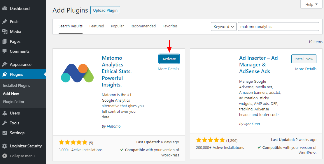 activating matomo analytics wordpress plugin