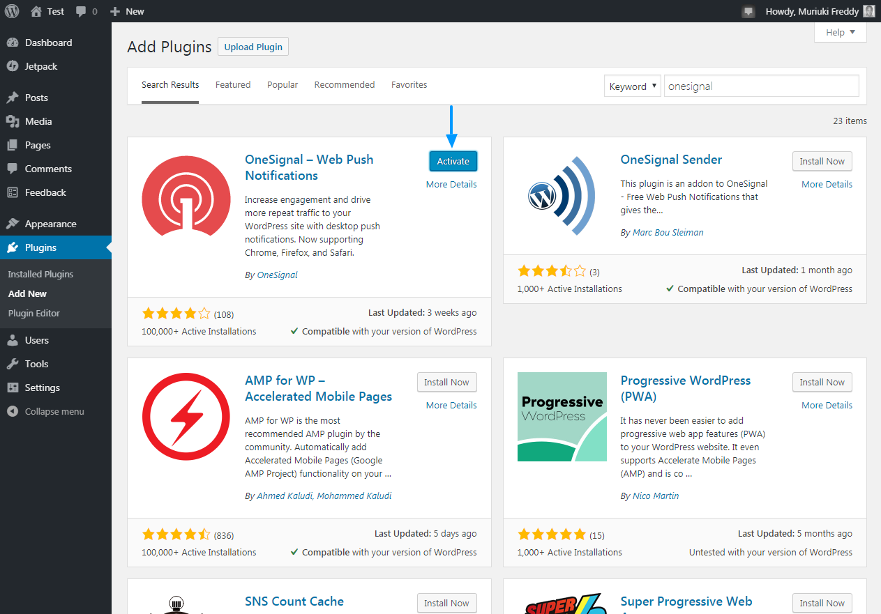 activating the onesignal wordpress plugin