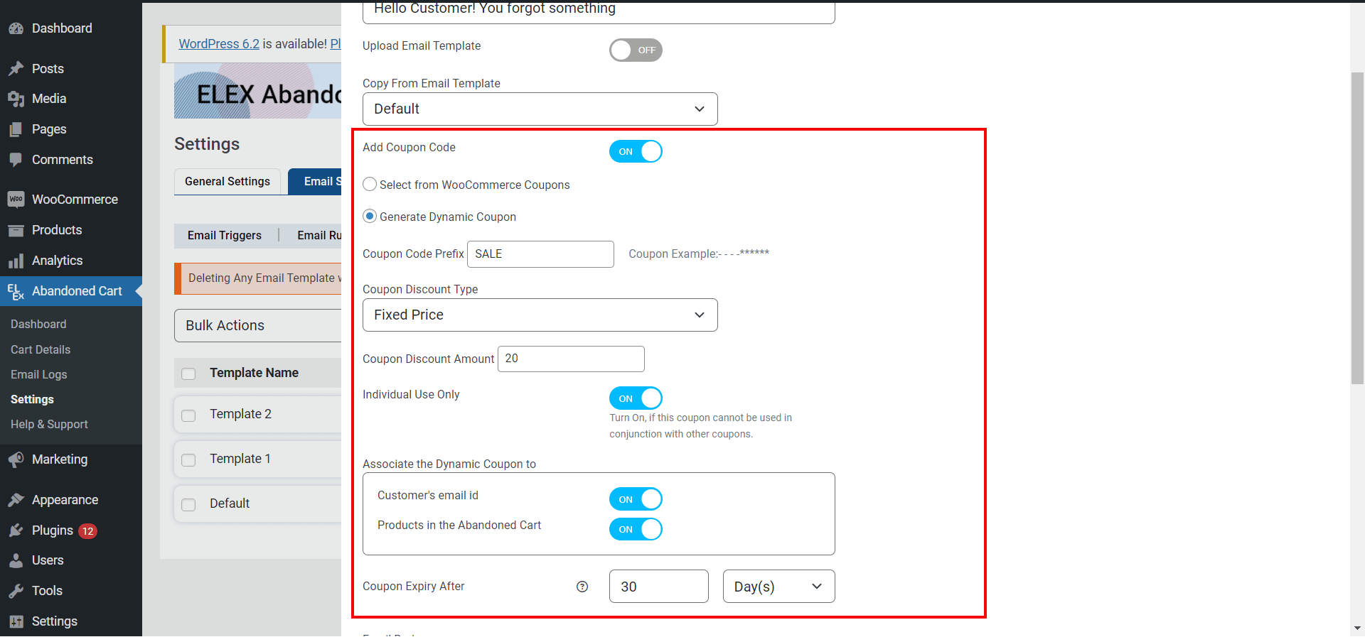 ELEX WooCommerce Abandoned Cart Recovery Edit template