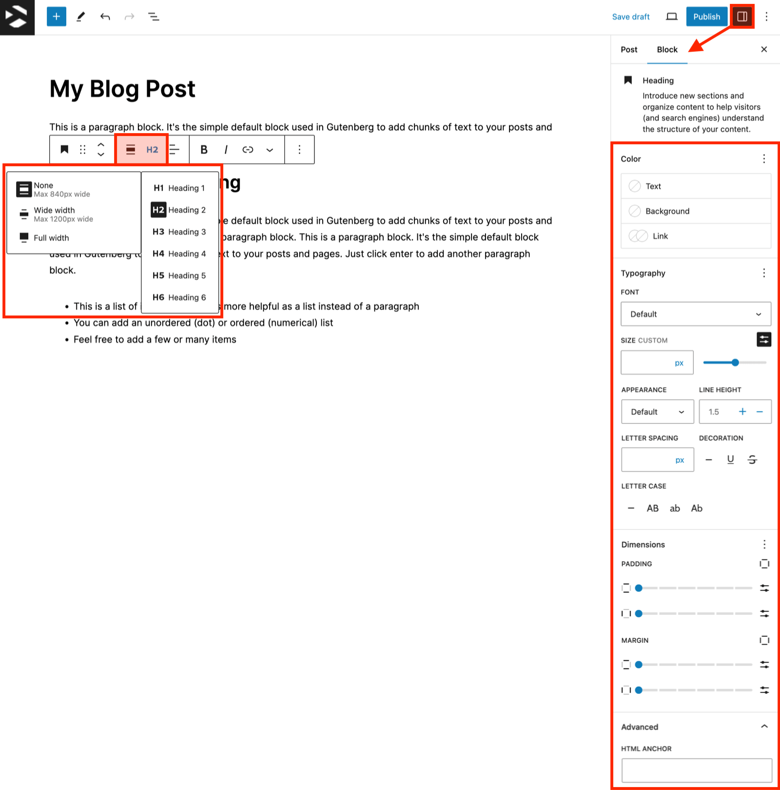 Heading Block Settings