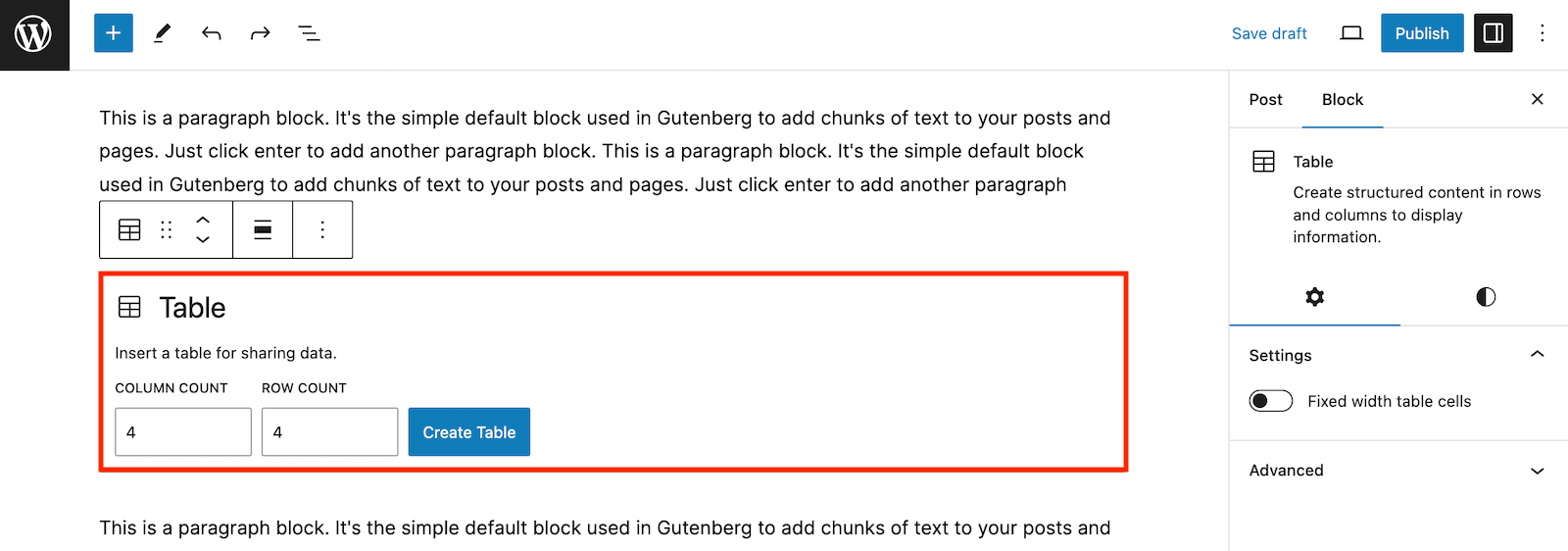 Define Table Block Sizes