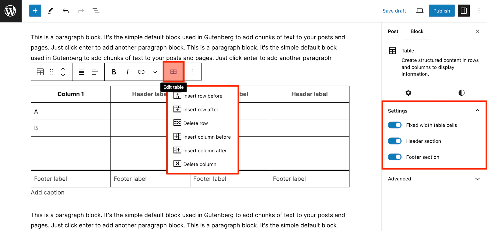 Table Block Settings