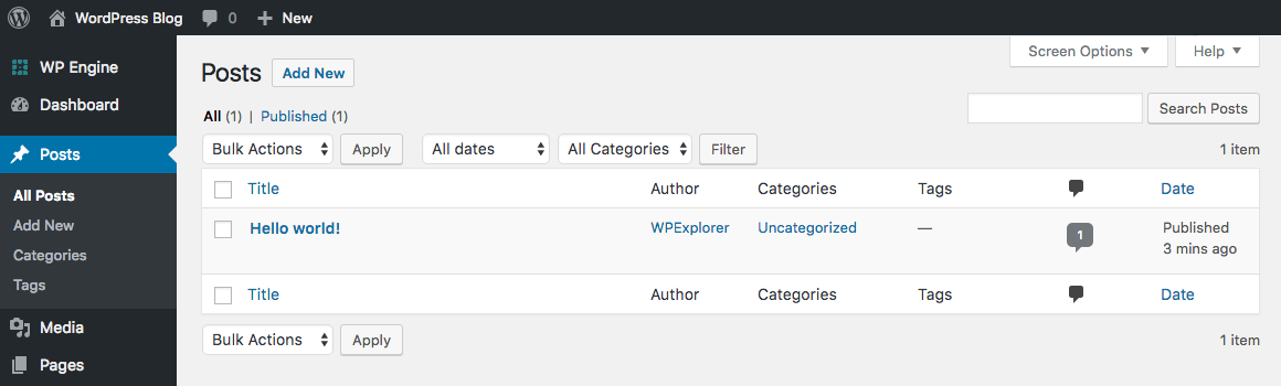 WordPress Database Reset Result