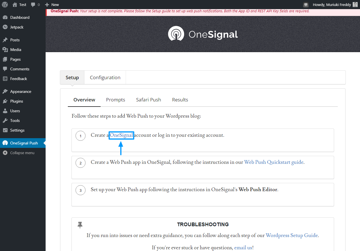 onesignal account creation link in wordpress