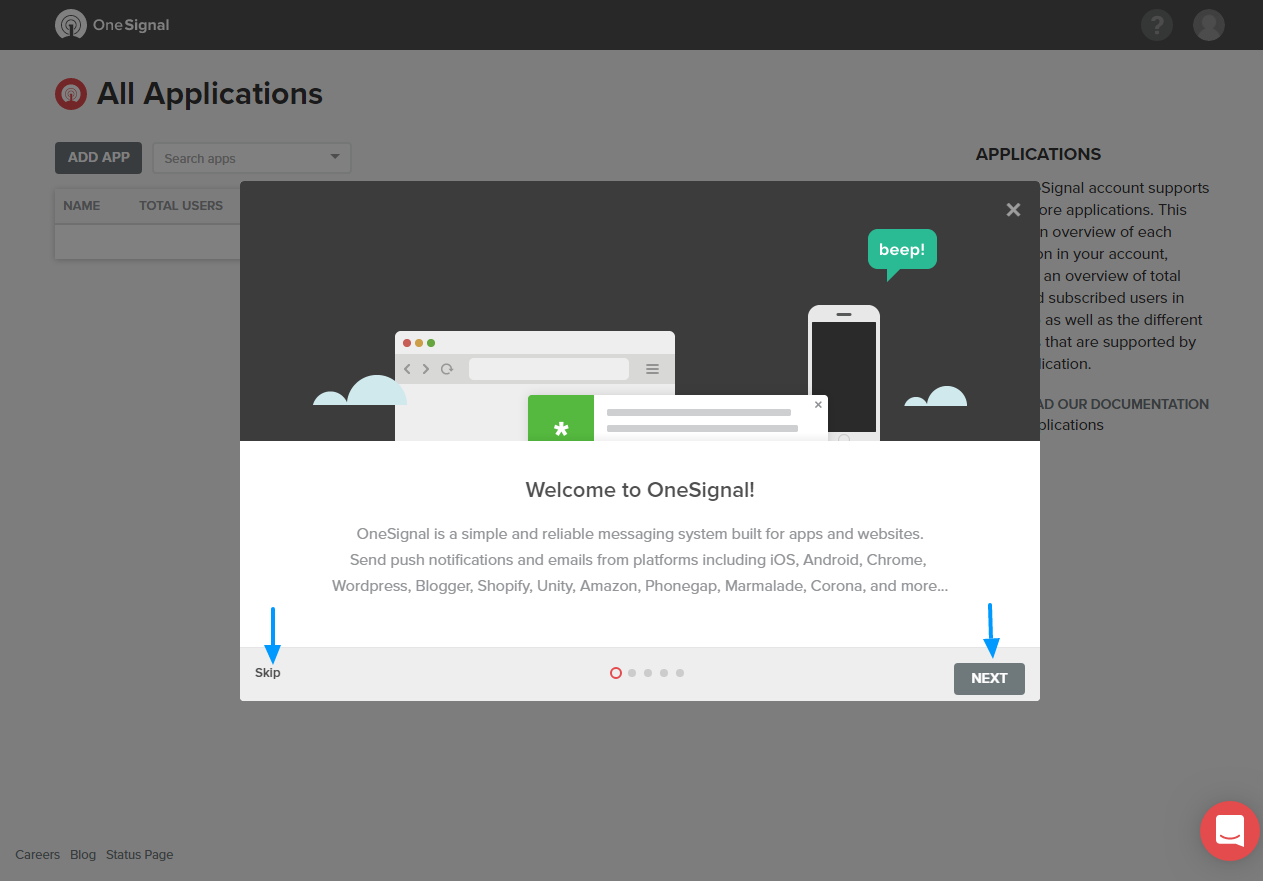 onesignal dashboard start tour