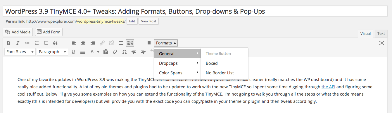 WordPress TInyMCE Formats Dropdown Menu