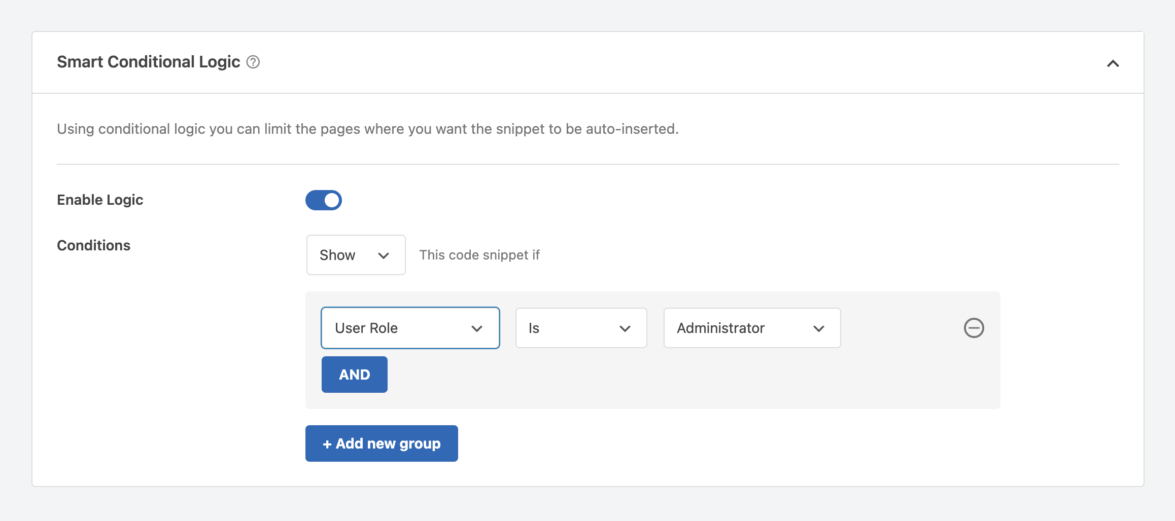 WPCode Snippet Logic Settings