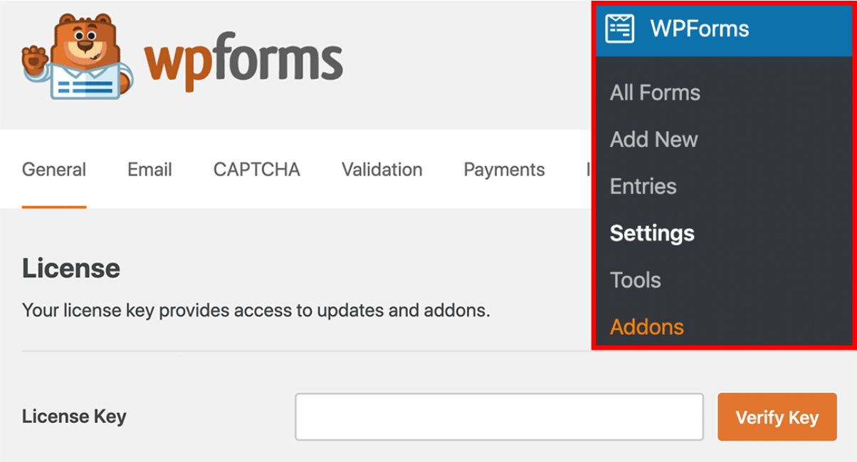 Add WPForms license key