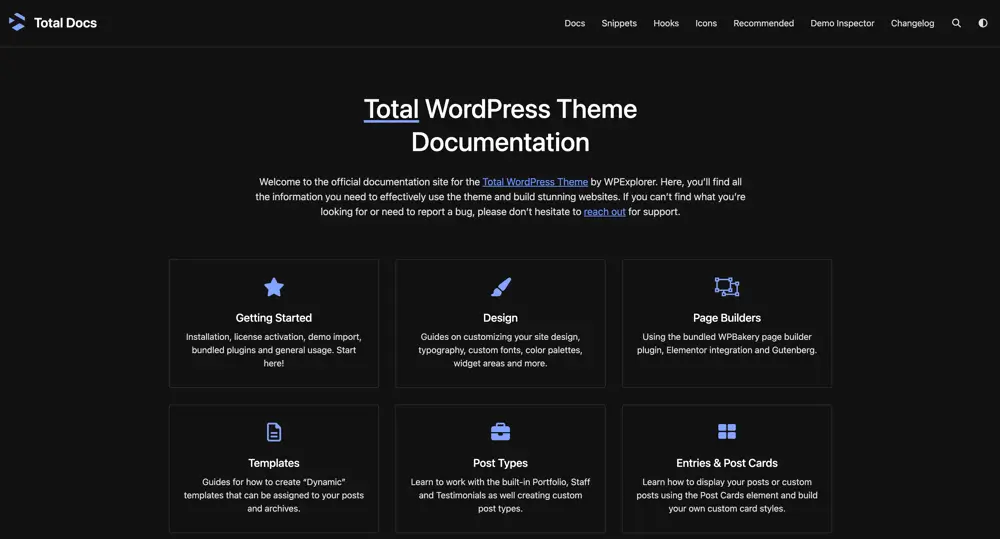 Total WordPress theme docs website